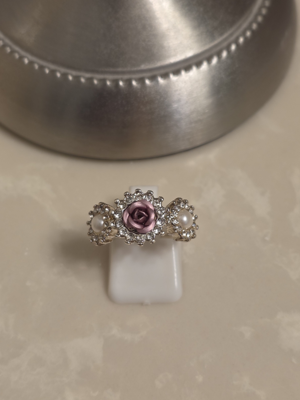 Silver Floral Ring with Pink Rose and Pearls